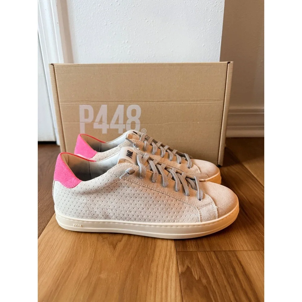 P448 John Low Top Sneakers Beige‎ Perforated Suede Neon Pink Heel 38 / 8